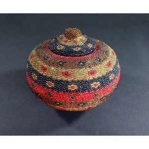 decorative folk art multicolor BEADWORK BASKET w Lid handcrafted Bali Indonesia
